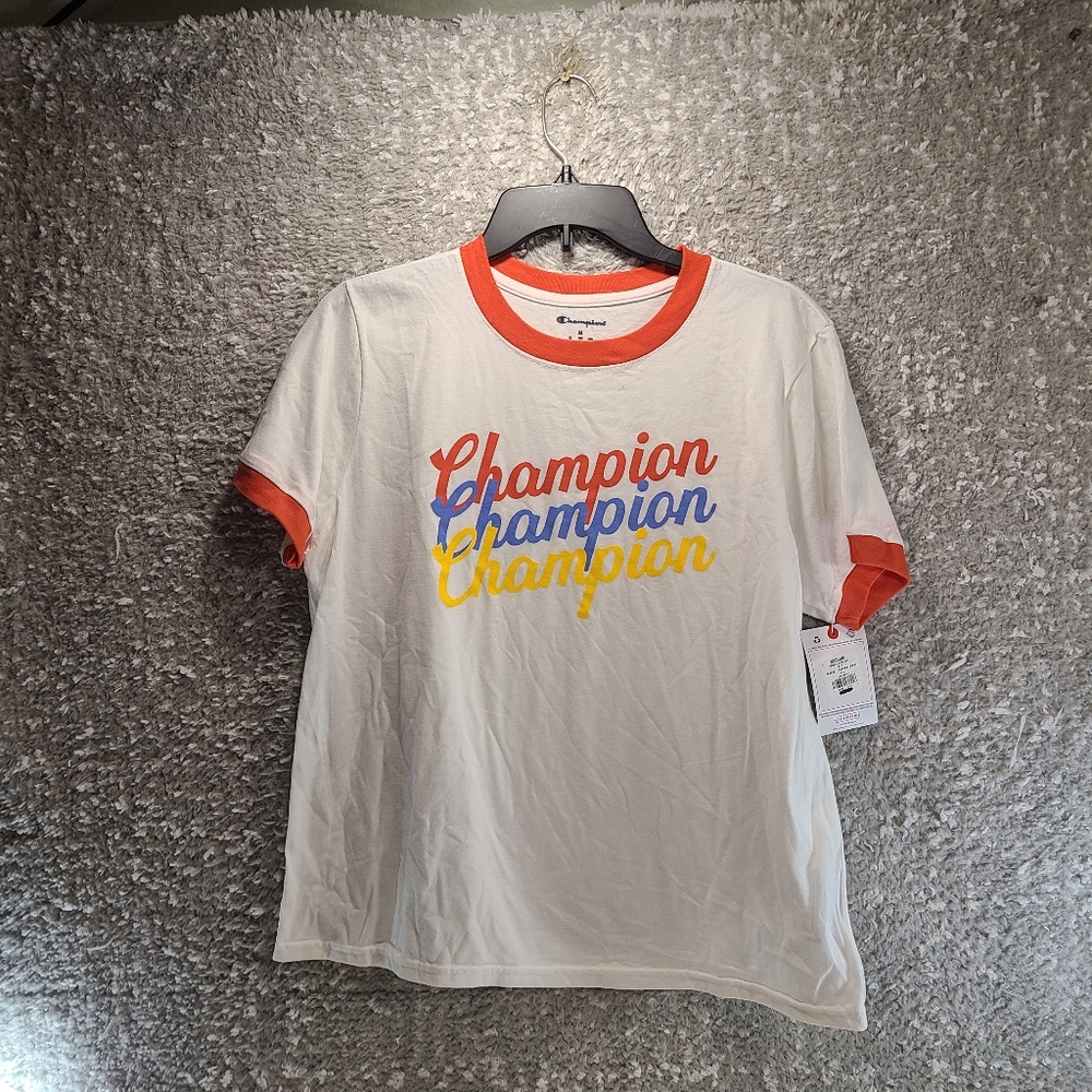 Champion Women's Triple Script Logo White Short Sleeve T-shirt Medium NWT
